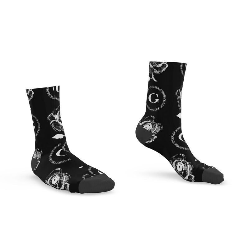 Infinite G & All Seeing Rose Monogram Print Socks - White on Black