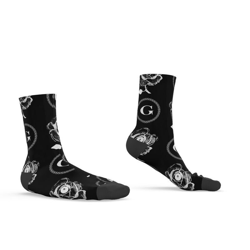 Infinite G & All Seeing Rose Monogram Print Socks - White on Black