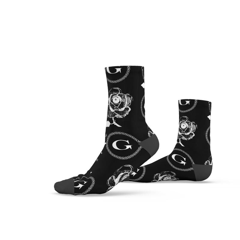 Infinite G & All Seeing Rose Monogram Print Socks - White on Black