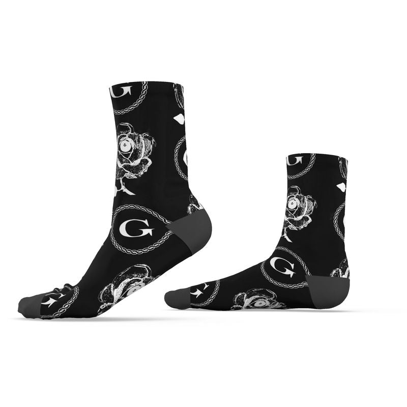 Infinite G & All Seeing Rose Monogram Print Socks - White on Black