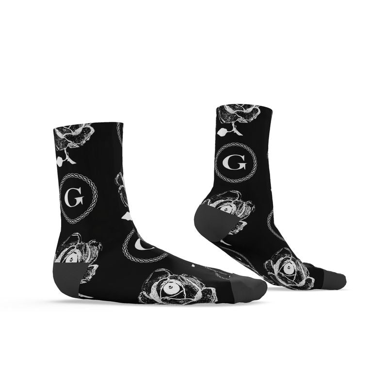 Infinite G & All Seeing Rose Monogram Print Socks - White on Black