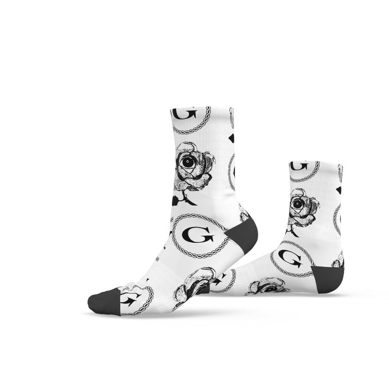 Infinite G & All Seeing Rose Monogram Print Socks - Black on White