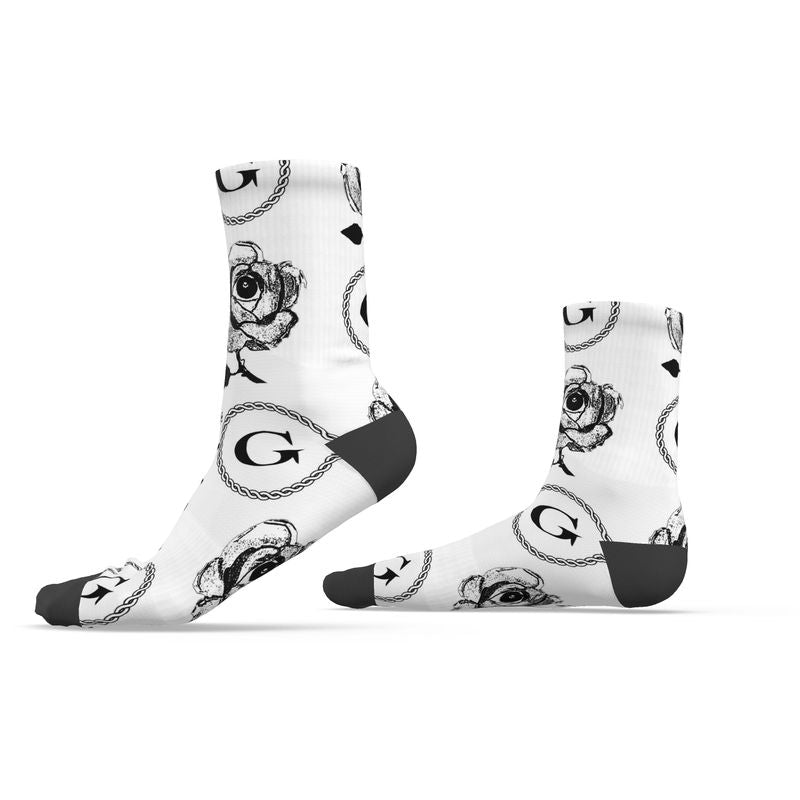 Infinite G & All Seeing Rose Monogram Print Socks - Black on White