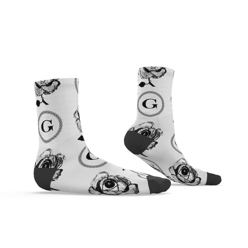 Infinite G & All Seeing Rose Monogram Print Socks - Black on White